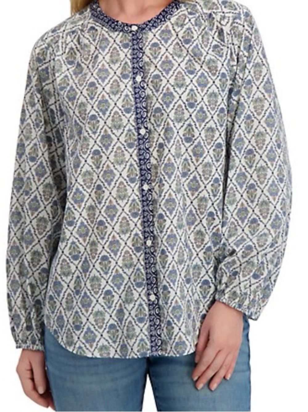 Lucky Brand Blue White 100% Cotton Floral  Tile Print Navy Trim Peasant Blouse